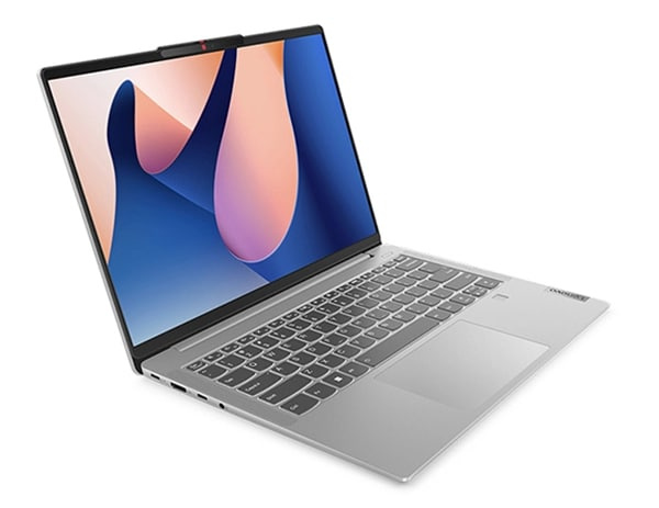 Front-facing IdeaPad Slim 5i Gen 8 laptop, angled slightly showing keyboard, display with Windows 11 bloom, & left-side ports