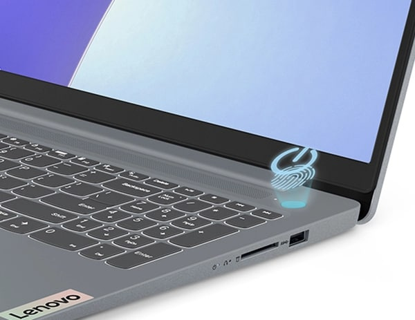 Detail of fingerprint reader integrated with power button on the Lenovo IdeaPad Slim 3i Gen 8 laptop.