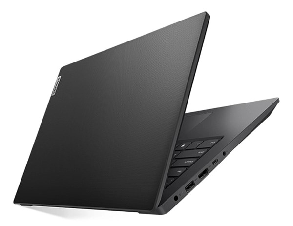 A partially opened Lenovo V14 Gen 4 (Intel) laptop viewed at eye level from the left-rear corner, highlighting the top cover