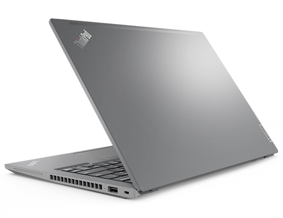 Side view of the rear of ThinkPad P14s Gen 3 mobile workstation, opened, showing part of keyboard and ThinkPad logo
