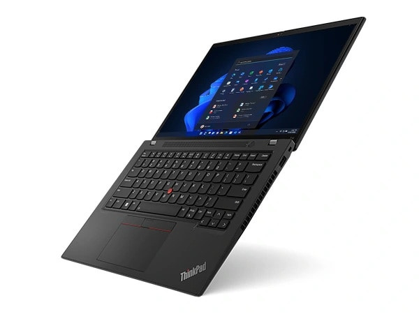 Floating right-side view of Lenovo ThinkPad T14 Gen 4 laptop in Thunder Black, open 180 degrees & showcasing display, keyboard, & ports.