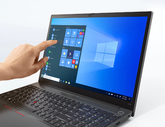 Left three-quarter view of black Lenovo ThinkPad E15 Gen 2 laptop with persons hand touching the laptops touchscreen display