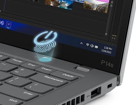 Close up of side view of ThinkPad P14s Gen 3 mobile workstation, opened, showing secure fingerprint reader