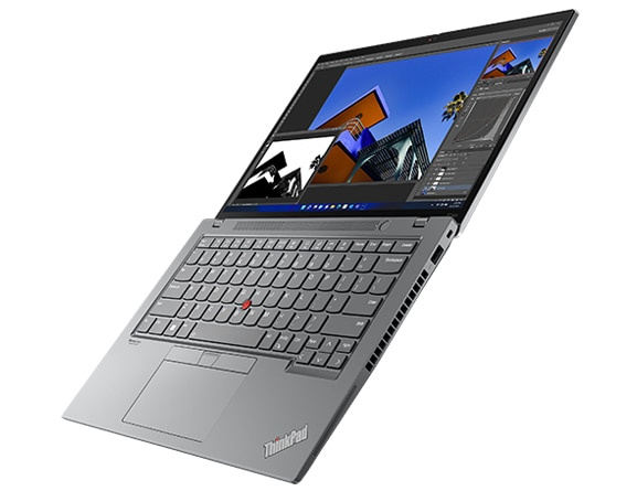 Side view of ThinkPad P14s Gen 3 mobile workstation, opened 180-degrees, vertically, showing display, keyboard, and ports