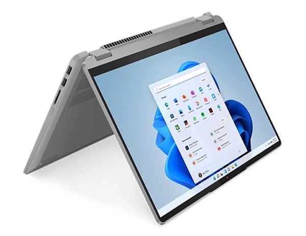 IdeaPad Flex 5 Gen 8 laptop tent mode with display on, facing right