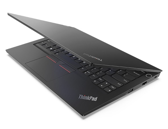 Aerial view of ThinkPad E14 Gen 4 business laptop, opened slightly, showing top cover and part of keyboard