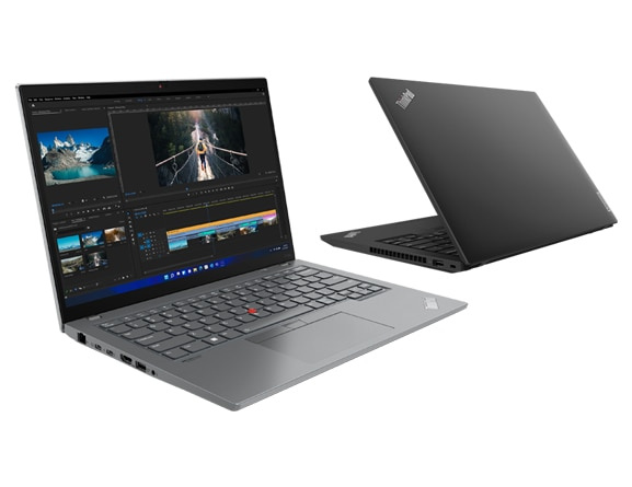 Side view of two ThinkPad P14s Gen 3 mobile workstations, opened 90-degrees, one front-facing, one rear-facing