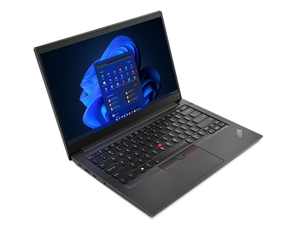 Aerial view of front facing ThinkPad E14 Gen 4 business laptop, opened 90 degrees at a slight angle, showing keyboard, ports, and display with Windows 11