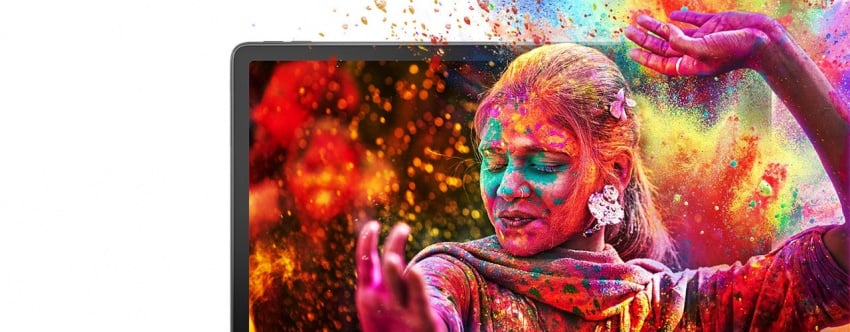 Lenovo Tab P11 tablet 2K display showing person covered in bright colors